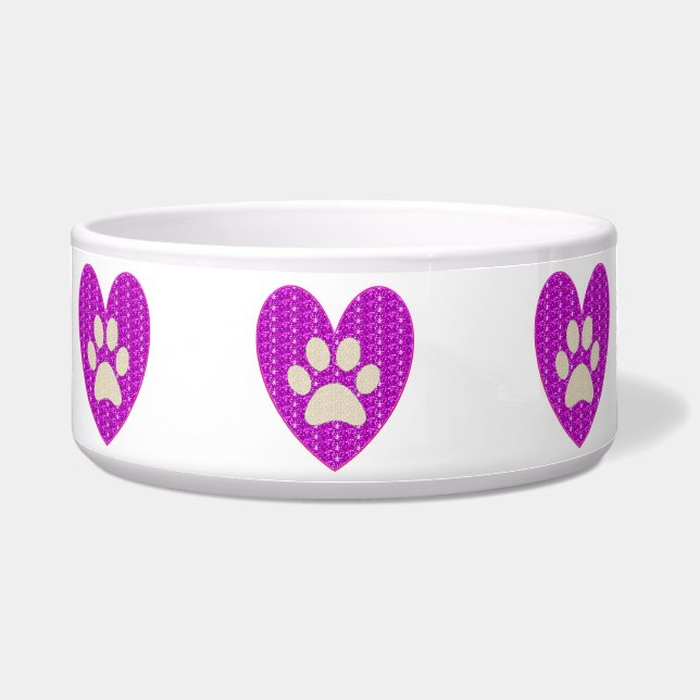 Dog Bowl Paw Heart Pink White Glitter.. (Front)
