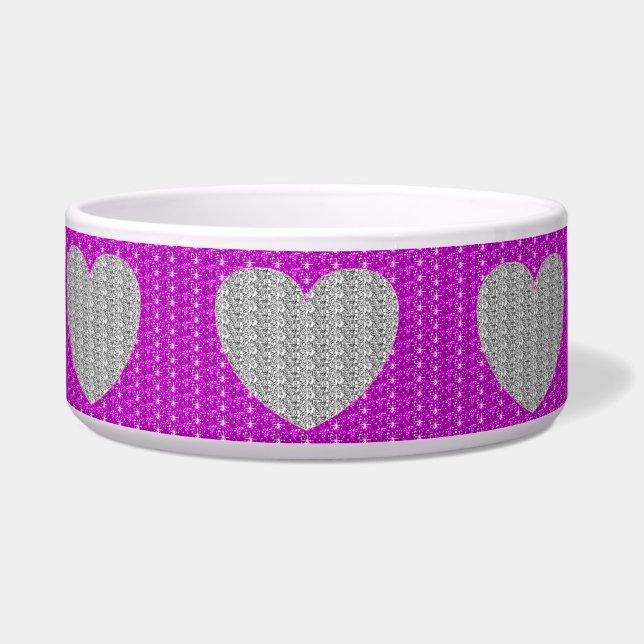Dog Bowl Pink Silver Heart Glitter (Front)