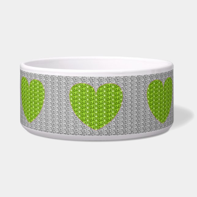 Dog Bowl Silver Lime Green Heart Glitter (Front)