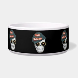 Dog Bowl Skeleton Head Happy Halloween