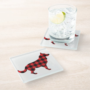 Dog Buffalo Plaid Design Glass Coaster