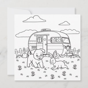 Dog, Bunny and Camp    Kid's Camping Colouring Pag