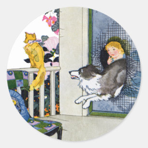 Dog Busts Screen Door to Get Cat Classic Round Sticker