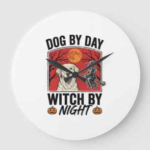 Dog By Day Witch By Night Vintage Halloween Dog De Large Clock