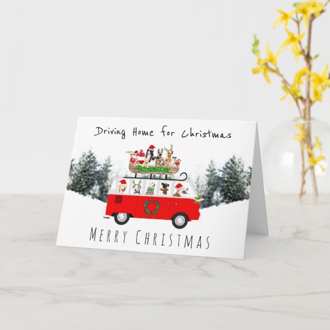 Dog campervan and sleigh driving home christmas card (Yellow Flower)
