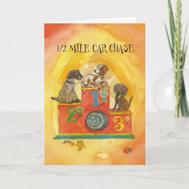 Dog Car Chase - Funny Birthday Card (Front)