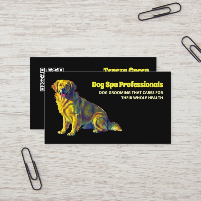Dog Care Grooming Black QR Business Card (Front/Back In Situ)