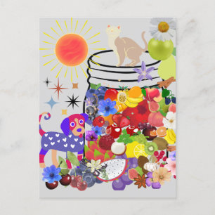 dog, cat, and fruits and flowers holiday postcard