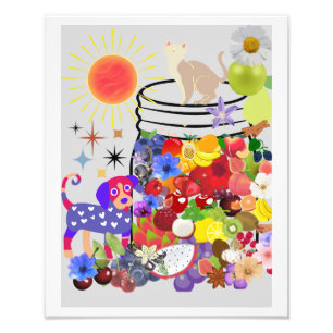 dog, cat, and fruits and flowers photo print