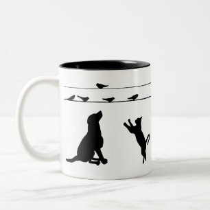 Dog Cat Birds Silhouettes Wire Pets Puppy Animal Two-Tone Coffee Mug