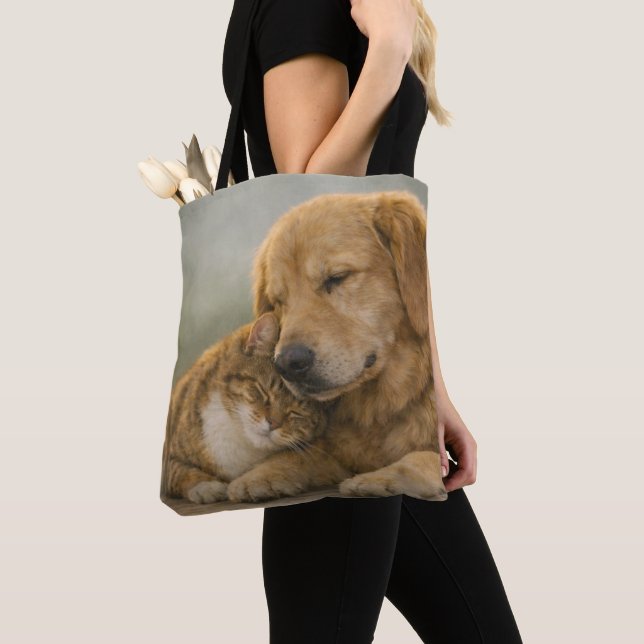 Dog & Cat Close Cuddle All‑Over‑Print Tote Bag (Close Up)