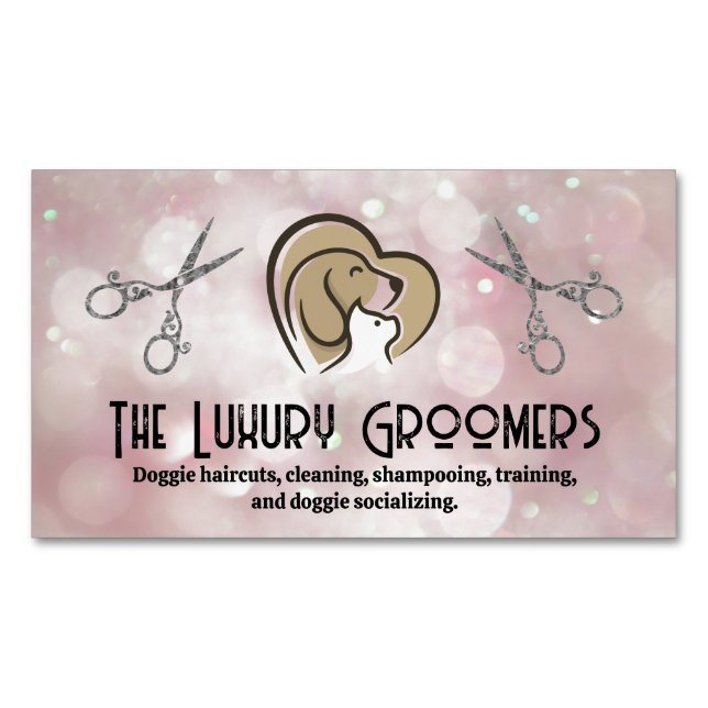 Dog Cat Heart Logo | Scissors | Bokeh Magnetic Business Card (Front)