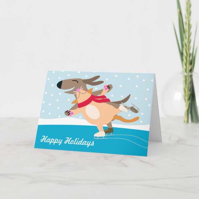 Dog & Cat Ice Skating-Happy Holidays Holiday Card (Front)