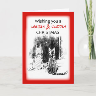 Dog & Cat Looking Out Window, Christmas Holiday Card