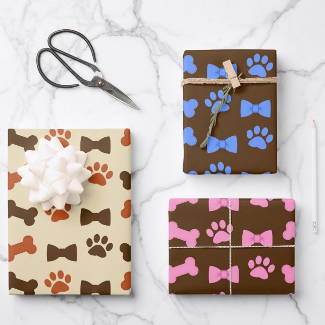 Dog Cat Paws and Ribbons Pattern Wrapping Paper Sheet (Front)