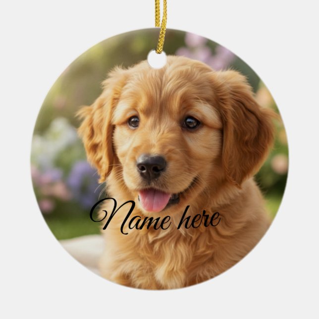 Dog cat pet name photo template simple minimal  ceramic tree decoration (Front)