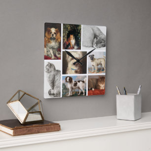 Dog Cat Pets 8 Photo Portrait Collage Keepsake Square Wall Clock