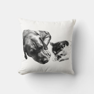 Dog & Cat Resting Together Monochrome Throw Pillow