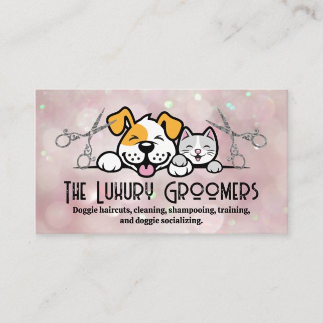 Dog Cat Smiling | Scissors | Bokeh Business Card (Front)