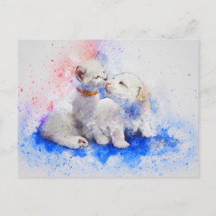 Dog Cat Watercolor Love Cuteness Postcard