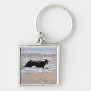 Dog chasing a ball at the beach key ring