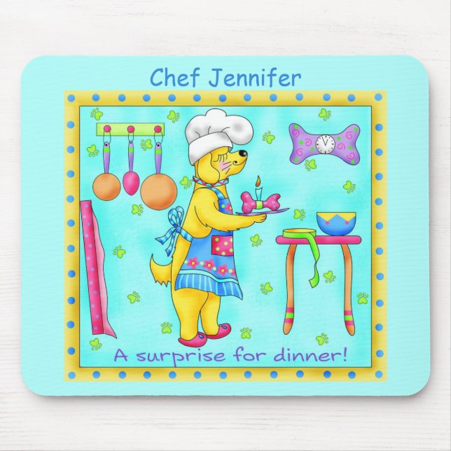 Dog Chef Cooking Dinner Art Turquoise Name Mouse Mat (Front)