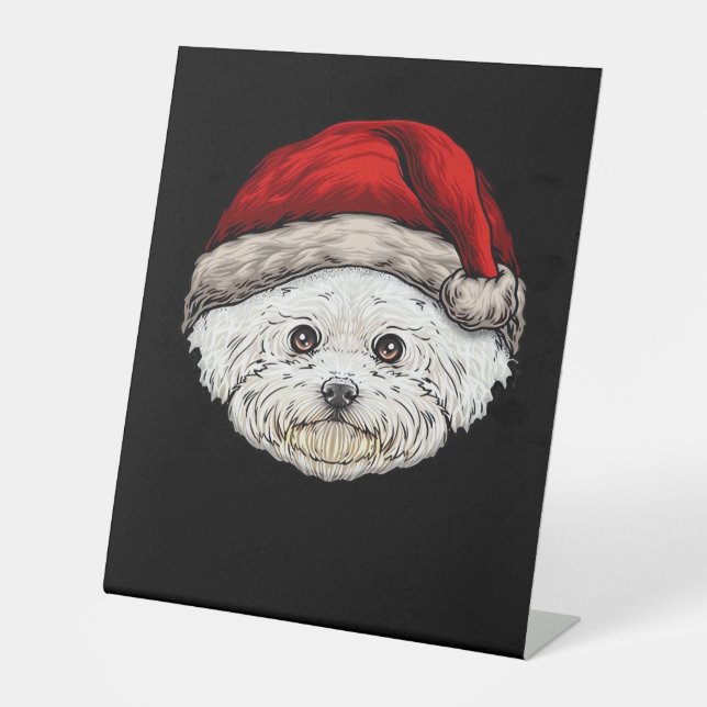 Dog Christmas Bichon Santa Hat On A Bichon Frise E Pedestal Sign (Front)