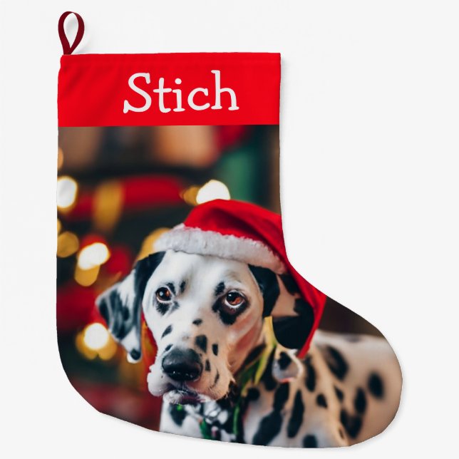 Dog Christmas Cute Pet Photo Name Large Christmas Stocking (Front)