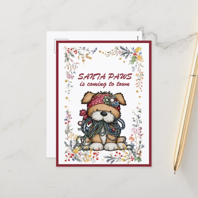 Dog Christmas Lights SANTA  PAWS is Coming to Town Holiday Postcard (Front/Back In Situ)