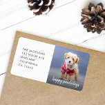 Dog Christmas | Modern Cute Puppy Happy Pawlidays Label<br><div class="desc">Simple, stylish custom photo Happy Pawlidays holiday return address labels with modern minimalist handwritten script typography and a simple black gradient on a raspberry red background. The photo of your beloved pet and text can easily be personalised for a design as unique as your special furbaby! The image shown is...</div>