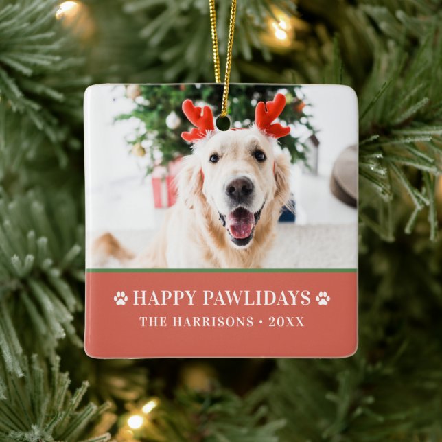 Dog Christmas Modern Photo Happy Pawlidays Ceramic Ornament (Tree)