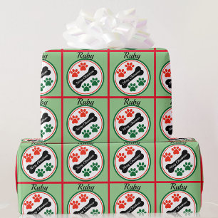 Dog Christmas Paws Add Name Gift Wrapping Paper