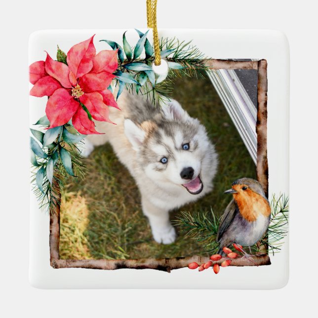 Dog Christmas Photo Ceramic Ornament (Front)