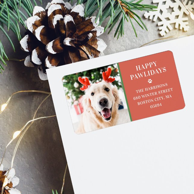 Dog Christmas Photo Happy Pawlidays Address Label (Dog Christmas Photo Happy Pawlidays Address Label)