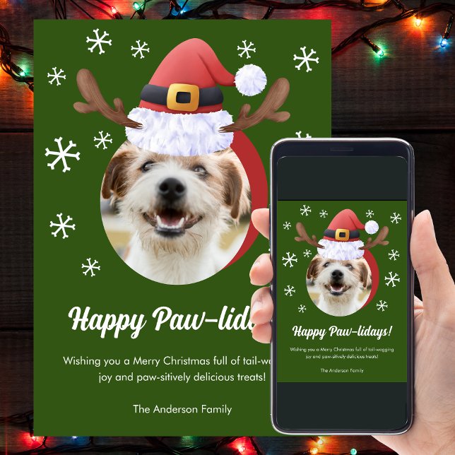 Dog Christmas Photo w/ Santa Reindeer Antler Hat Holiday Card (Creator Uploaded)