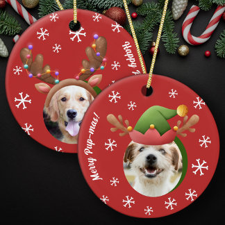 Dog Christmas Photos w/ Elf Reindeer Antler Hats Ceramic Tree Decoration