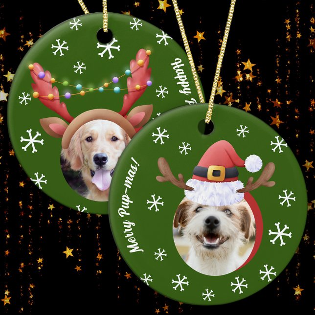 Dog Christmas Photos w/ Santa Reindeer Antler Hats Ceramic Tree Decoration (Creator Uploaded)