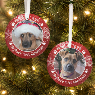 Dog Christmas Snowflakes 2 Photo Red White Ornament