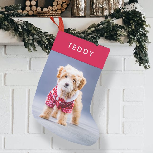 Dog Christmas Stocking | Modern Cute Red Pet Photo (Dog Christmas photo stocking by Guava, featuring a modern red design and your pet’s name)