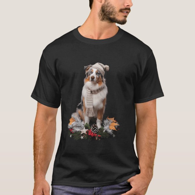Dog Christmas Theme Australian Shepherd  T-Shirt (Front)