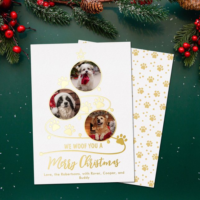 Dog Christmas Tree Pet 3 Photos Foil Holiday Card (Creator Uploaded)