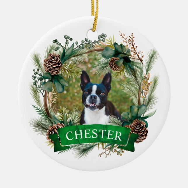 Dog Christmas Wreath Ceramic Tree Decoration (Front)
