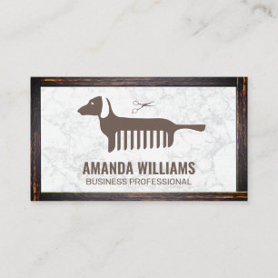 Dog Comb Icon   Marble   Wood Border Business Card