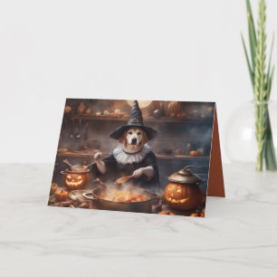 Dog cooking on Halloween in his kitchen greeting Card