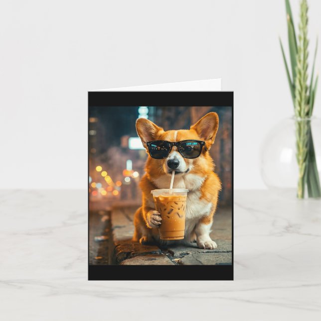 Dog corgi drinking iced coffee funny animal meme card (Front)