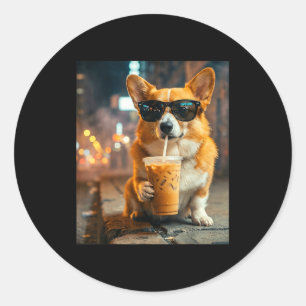 Dog corgi drinking iced coffee funny animal meme classic round sticker