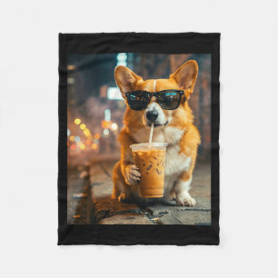 Dog corgi drinking iced coffee funny animal meme fleece blanket