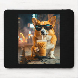 Dog corgi drinking iced coffee funny animal meme mouse mat