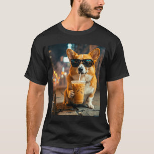 Dog corgi drinking iced coffee funny animal meme T-Shirt