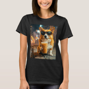Dog corgi drinking iced coffee funny animal meme T-Shirt
